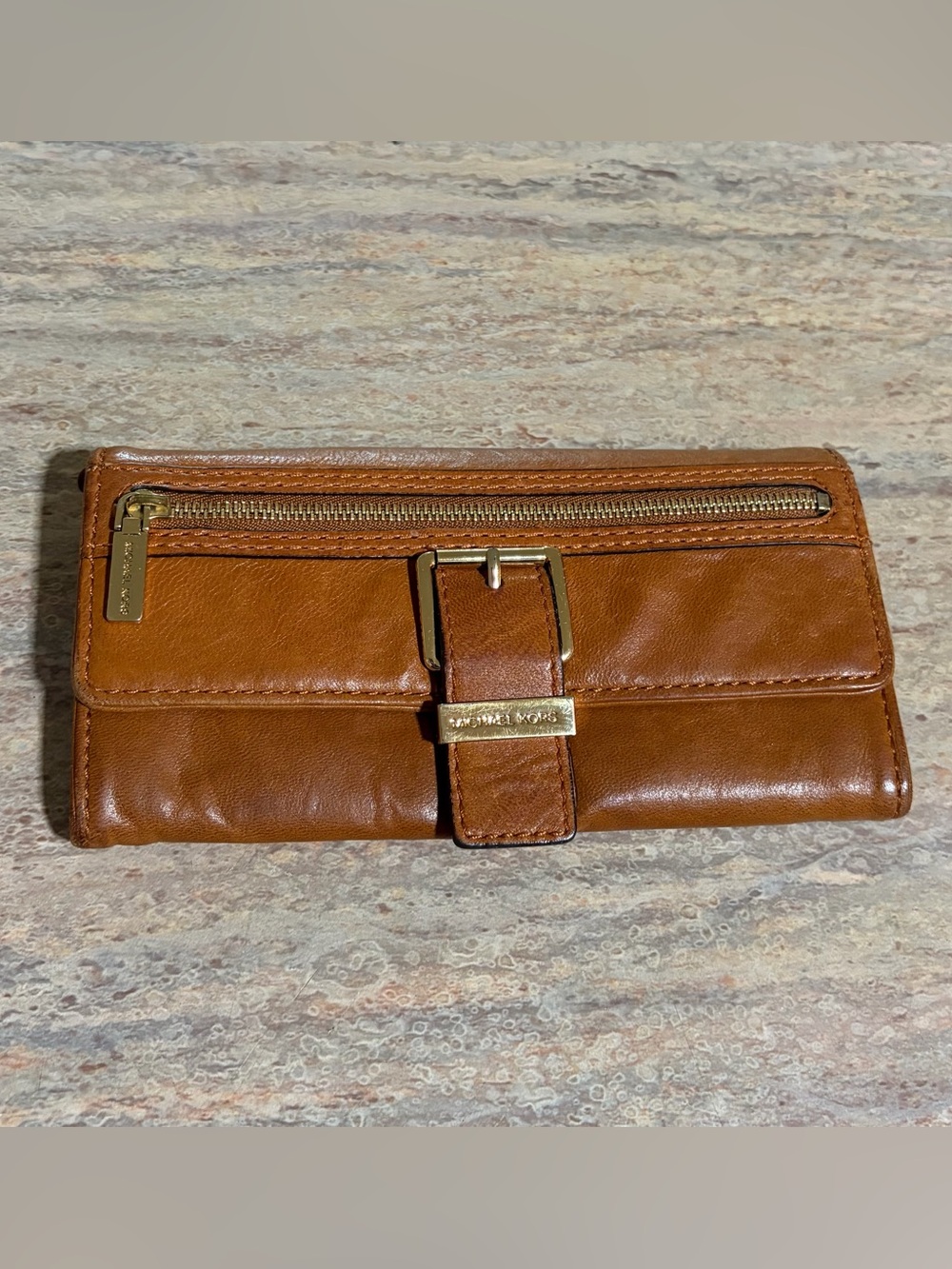 Michael Kors Vintage Tan Leather Fold-Over Wallet/ clutch with Gold Hardware